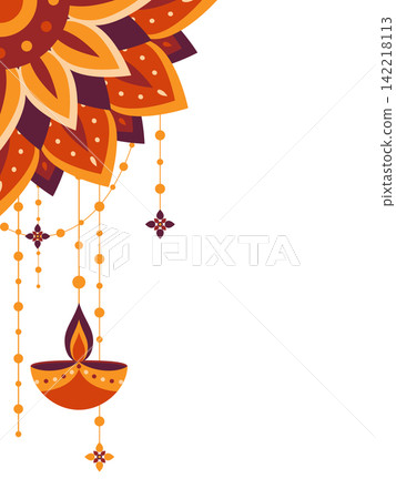 Vector corner border with mandala ornament hanging diya lamps and beads for Happy Diwali festival. Traditional Indian decoration element isolated on white background for banner or card design. Vector corner border with mandala ornament hanging diya lamps and beads for Happy Diwali festival. Traditional Indian decoration element isolated on white background for banner or card design. 142218113