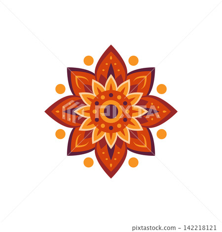 Vector floral mandala ornament with geometric petals for Happy Diwali and Indian festival decoration. Isolated element on white background for card, banner or rangoli design. Vector floral mandala ornament with geometric petals for Happy Diwali and Indian festival decoration. Isolated element on white background for card, banner or rangoli design. 142218121