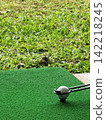 Vertical Golf Ball on Tee with Grass Backdrop and Copy Space 142218245