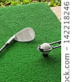 Vertical Golf Wedge and Teed Ball on Artificial Turf 142218246