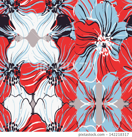 Artistic abstract floral seamless pattern with painterly poppy flowers. Great for fashion, apparel, textile, wallpaper, and background design. Artistic abstract floral seamless pattern with painterly poppy flowers. Great for fashion, apparel, textile, wallpaper, and background design. 142218317