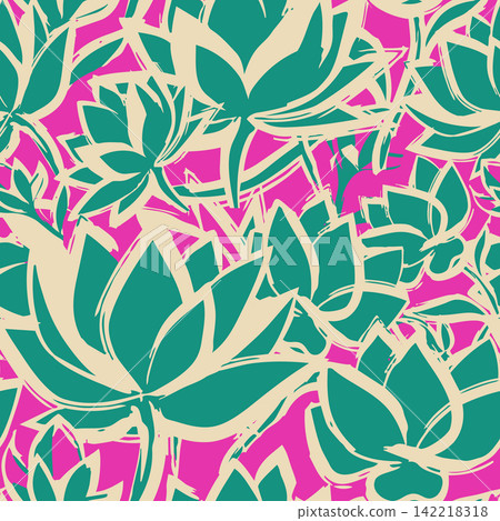 Vibrant abstract floral seamless pattern with painterly brush stroke lotus flowers. Ideal for fashion, textile, fabric, and wallpaper design. Vibrant abstract floral seamless pattern with painterly brush stroke lotus flowers. Ideal for fashion, textile, fabric, and wallpaper design. 142218318