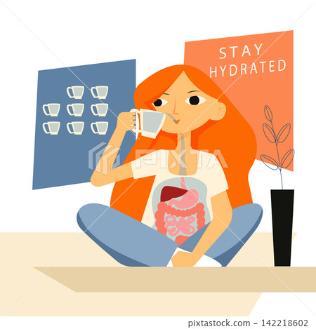 Woman drinking water for hydration and digestion vector illustration 142218602