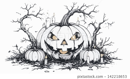 Halloween pumpkin head with spooky trees and candles Halloween pumpkin head with spooky trees and candles 142218653
