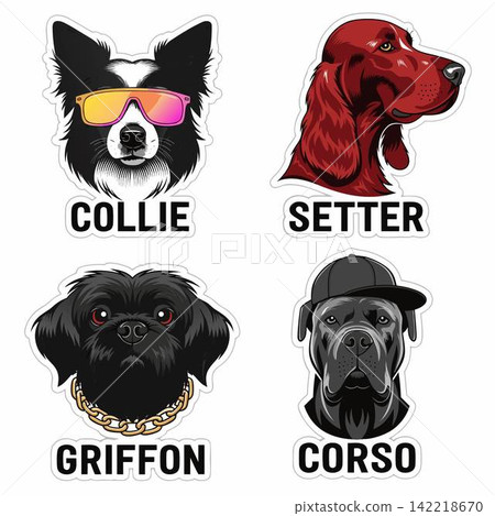 This is a set of four stickers featuring images of a Border Collie, a red Irish Setter, a black Griffon, and a Cane Corso This is a set of four stickers featuring images of a Border Collie, a red Irish Setter, a black Griffon, and a Cane Corso 142218670