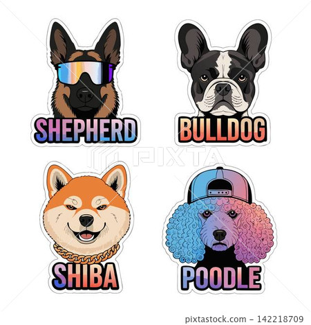 This is a set of stickers featuring stylized cartoon dogs, including a German Shepherd, a bulldog, a Shiba Inu, and a poodle This is a set of stickers featuring stylized cartoon dogs, including a German Shepherd, a bulldog, a Shiba Inu, and a poodle 142218709