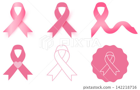 Flat icon set of 6 pink ribbon symbols featuring breast cancer awareness badges and outline styles for health design 142218716