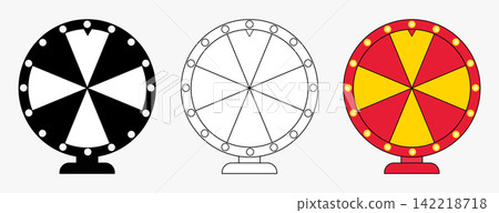 Flat icon set of 3 fortune wheel variations featuring black silhouette, outline and colorful carnival styles for game and casino design Flat icon set of 3 fortune wheel variations featuring black silhouette, outline and colorful carnival styles for game and casino design 142218718