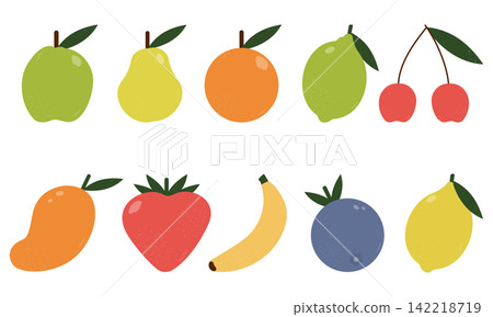 Flat icon set of 10 fresh fruits featuring apple, pear, orange, mango, strawberry, banana, blueberry and lemon for food design Flat icon set of 10 fresh fruits featuring apple, pear, orange, mango, strawberry, banana, blueberry and lemon for food design 142218719