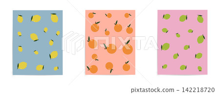 Flat pattern set of 3 featuring lemons, oranges and limes on colorful backgrounds for food and packaging design Flat pattern set of 3 featuring lemons, oranges and limes on colorful backgrounds for food and packaging design 142218720