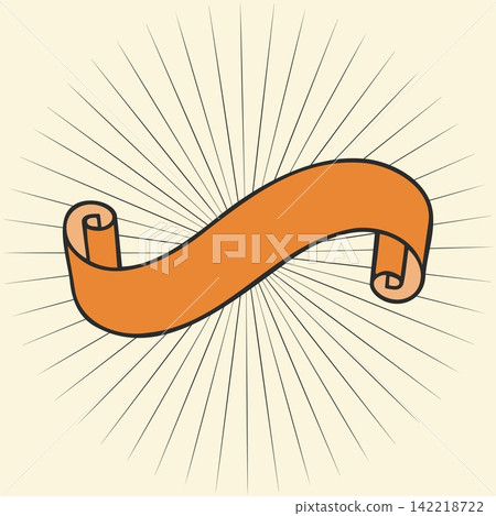 Cartoon illustration of an orange decorative ribbon banner depicting a scrolled flourish with sunburst rays for retro label design Cartoon illustration of an orange decorative ribbon banner depicting a scrolled flourish with sunburst rays for retro label design 142218722