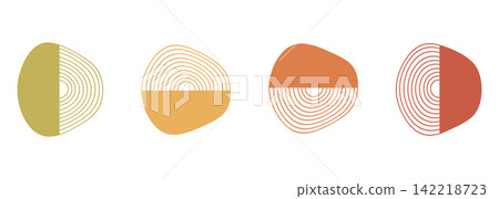 Flat icon set of 4 abstract boho shapes featuring concentric line details in earth tones for modern wall art and branding design Flat icon set of 4 abstract boho shapes featuring concentric line details in earth tones for modern wall art and branding design 142218723