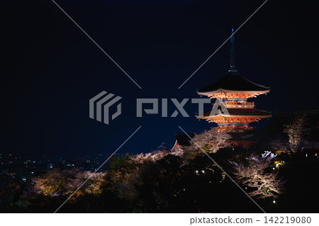 清水寺三重塔與夜晚的櫻花:京都夜景 清水寺三重塔與夜晚的櫻花:京都夜景 142219080