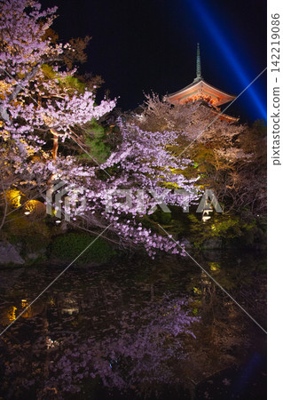 Kiyomizu-dera Temple's three-story pagoda surrounded by pine trees and cherry blossoms at night, with a stone lantern in the background. Kiyomizu-dera Temple's three-story pagoda surrounded by pine trees and cherry blossoms at night, with a stone lantern in the background. 142219086