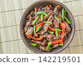 Chinese Beef Stir Fry With Red Peppers On Bamboo Mat Bright Presentation Today 142219501