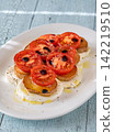 Elegant Caprese salad with mozzarella tomatoes king oyster mushrooms balsamic olive oil appetizer platter 142219510