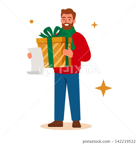 Happy Man Holding Christmas Gift and Shopping List Vector Happy Man Holding Christmas Gift and Shopping List Vector 142219522