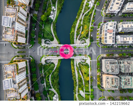 luxury residential district sala city with river, modern houses, green tropical parks and modern environment, contemporary real estate of Ho Chi Minh city, Vietnam, aerial drone view 142219662