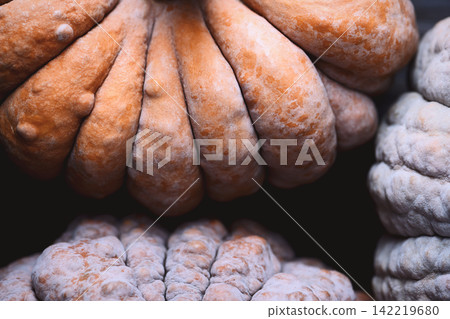 Close up of textured heirloom pumpkins filling entire frame Close up of textured heirloom pumpkins filling entire frame 142219680