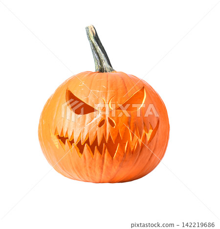 Carved Halloween pumpkin with a scary face isolated Carved Halloween pumpkin with a scary face isolated 142219686