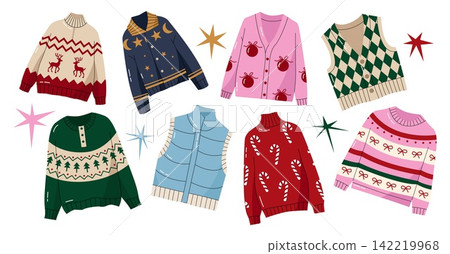 Cozy winter sweater collection with Christmas patterns isolated on white background vector set Cozy winter sweater collection with Christmas patterns isolated on white background vector set 142219968