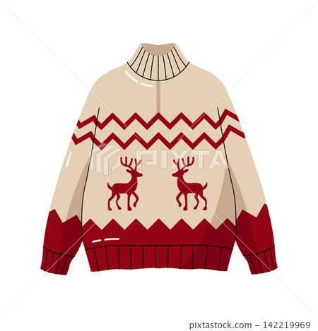 Cozy beige winter sweater with red reindeer and geometric christmas pattern vector clip art Cozy beige winter sweater with red reindeer and geometric christmas pattern vector clip art 142219969