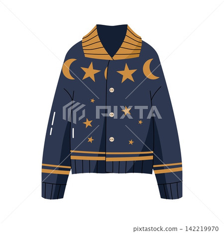 Dark blue winter cardigan with gold moon and stars celestial pattern vector clip art 142219970