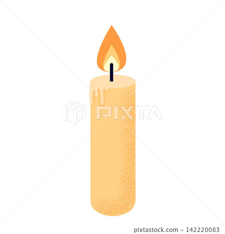 Minimalist illustrated glowing candle with warm yellow flame, melted wax drips, and simple isolated design symbolizing light, comfort, remembrance, celebration, and hope 142220083
