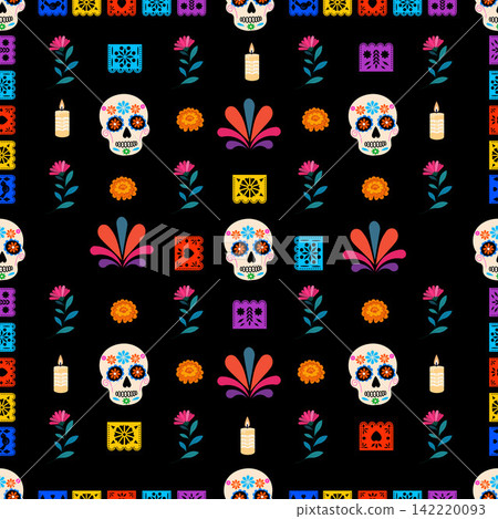 Colorful Sugar Skulls and Floral Patterns Celebrating Life and Death with Candles in a Vivid and Intricate Design for Festive Occasions Colorful Sugar Skulls and Floral Patterns Celebrating Life and Death with Candles in a Vivid and Intricate Design for Festive Occasions 142220093