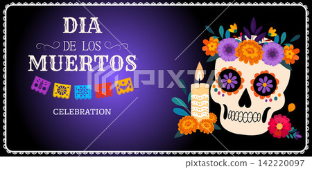 Colorful and Artistic Representation of Dia de los Muertos Featuring a Skull, Candles, and Vibrant Decorations Celebrating Life and Memory 142220097