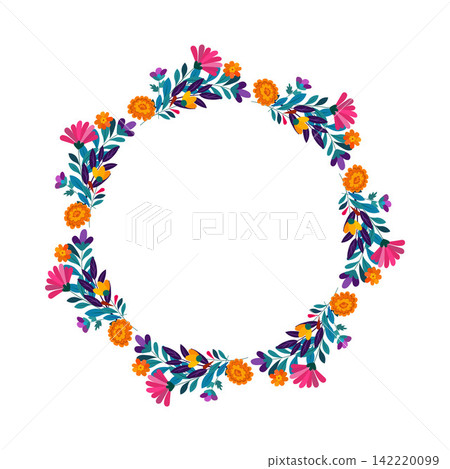 Colorful Floral Wreath Design Featuring Vibrant Flowers and Lush Leaves Perfect for Spring Decor or Invitations, Highlighting Nature's Beauty in a Circular Arrangement Colorful Floral Wreath Design Featuring Vibrant Flowers and Lush Leaves Perfect for Spring Decor or Invitations, Highlighting Nature's Beauty in a Circular Arrangement 142220099