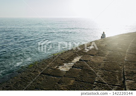 Back view of a person sitting on a stone pier by the sea Back view of a person sitting on a stone pier by the sea 142220144