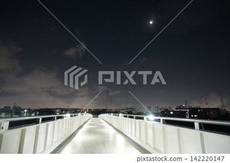 燈光照耀下的白色橋樑和夜幕下的城市景觀 燈光照耀下的白色橋樑和夜幕下的城市景觀 142220147