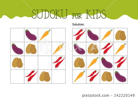 Cute vegetable sudoku educational game or leisure activity worksheet hand drawn illustration, printable grid to fill in missing images, food topical vocabulary, puzzle with solution, teacher resources Cute vegetable sudoku educational game or leisure activity worksheet hand drawn illustration, printable grid to fill in missing images, food topical vocabulary, puzzle with solution, teacher resources 142220149