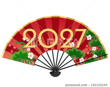 紅色的扇子和“未”字的插圖——新年賀詞插圖 142220244