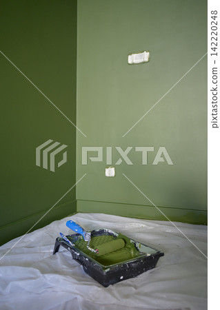 Green painted walls with paint roller and tray on protective floor covering Green painted walls with paint roller and tray on protective floor covering 142220248