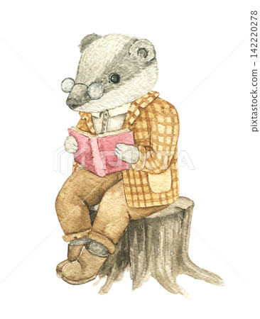 Watercolor badger reading a book while sitting on a tree stump. Hand painted vintage woodland animal illustration for nursery decor, children's books, invitations, cards and fabric. Autumn Fairytale Watercolor badger reading a book while sitting on a tree stump. Hand painted vintage woodland animal illustration for nursery decor, children's books, invitations, cards and fabric. Autumn Fairytale 142220278