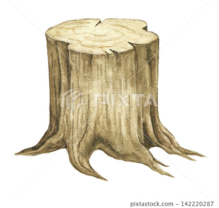 Watercolor tree stump. Hand painted vintage woodland illustration for fairy tale scenes, storybook artwork, forest landscapes, nursery decor and clip art collections. 142220287