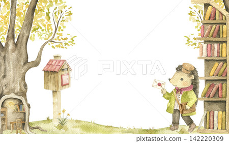 Hedgehog postman beside a woodland bookshelf and mailbox. Watercolor hand painted frame for nursery decor, story illustrations and greeting card projects. 142220309