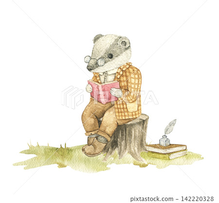 Cute badger reading a book while sitting on a tree stump. Watercolor hand painted woodland composition for nursery decor, story illustrations and reading themed projects. Cute badger reading a book while sitting on a tree stump. Watercolor hand painted woodland composition for nursery decor, story illustrations and reading themed projects. 142220328