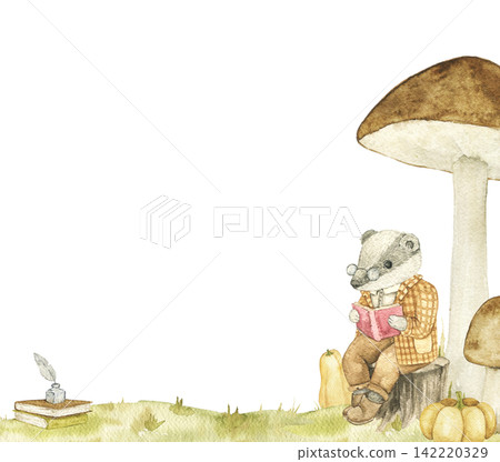 Reading badger with harvest pumpkins beside woodland mushrooms. Watercolor hand painted frame for nursery decor, story illustrations and autumn themed projects. Reading badger with harvest pumpkins beside woodland mushrooms. Watercolor hand painted frame for nursery decor, story illustrations and autumn themed projects. 142220329