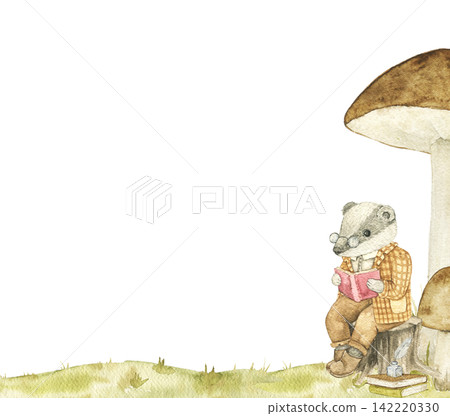 Reading badger beside woodland mushrooms. Watercolor hand painted frame for nursery decor, story illustrations, greeting cards and forest themed projects. Reading badger beside woodland mushrooms. Watercolor hand painted frame for nursery decor, story illustrations, greeting cards and forest themed projects. 142220330