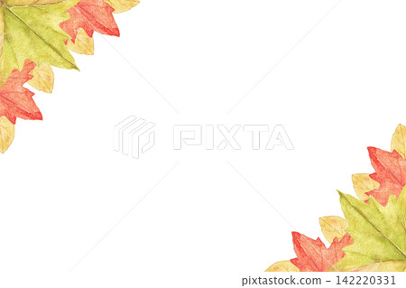 Colorful maple leaves arranged in opposite corners. Watercolor hand painted autumn frame for greeting cards, invitations, stationery and seasonal projects. Colorful maple leaves arranged in opposite corners. Watercolor hand painted autumn frame for greeting cards, invitations, stationery and seasonal projects. 142220331