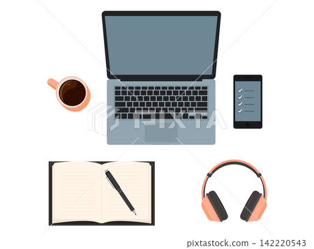 Top view laptop desk workspace headphone Top view laptop desk workspace headphone 142220543