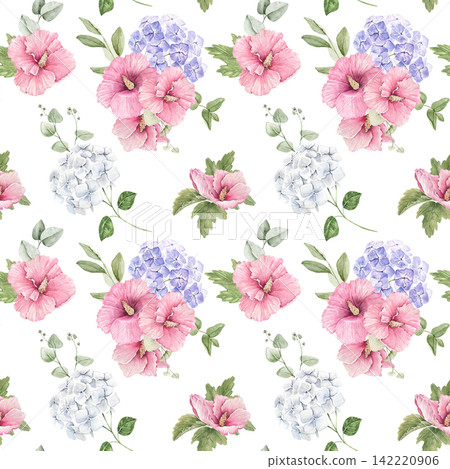 Seamless watercolor floral pattern with pink hibiscus, blue hydrangeas and green leaves, an illustration for stationery, wrapping, packaging, invitations, cards, wedding materials and summer projects. Seamless watercolor floral pattern with pink hibiscus, blue hydrangeas and green leaves, an illustration for stationery, wrapping, packaging, invitations, cards, wedding materials and summer projects. 142220906