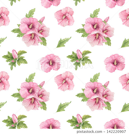 Seamless watercolor pattern with pink hibiscus flowers and green leaves in scattered clusters, an illustration for stationery, wrapping, invitations, cards, packaging and summer projects. Seamless watercolor pattern with pink hibiscus flowers and green leaves in scattered clusters, an illustration for stationery, wrapping, invitations, cards, packaging and summer projects. 142220907