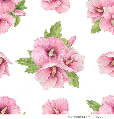 Seamless watercolor pattern with pink hibiscus flowers and green leaves arranged around a central cluster, an illustration for stationery, wrapping, cards, invitations and summer decor. Seamless watercolor pattern with pink hibiscus flowers and green leaves arranged around a central cluster, an illustration for stationery, wrapping, cards, invitations and summer decor. 142220908