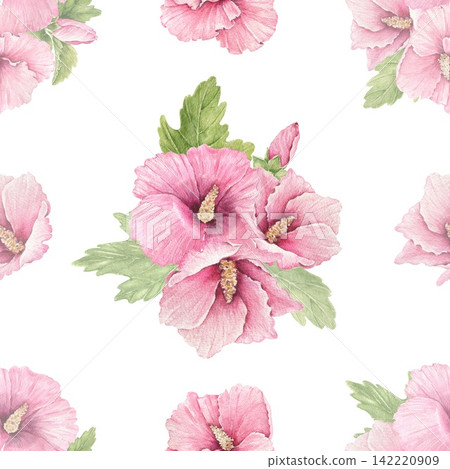 Seamless watercolor pattern with a central cluster of pink hibiscus flowers and scattered blossoms, an illustration for stationery, wrapping, invitations, cards and summer decor. 142220909