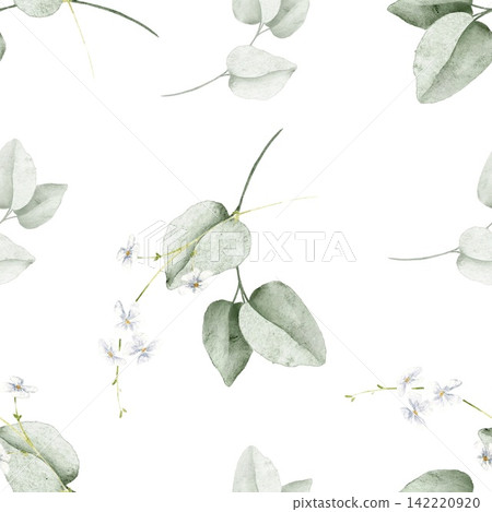 Seamless watercolor pattern with delicate eucalyptus branches, pale leaves and tiny white wildflowers, an illustration for stationery, invitations, packaging, cards, wrapping and wedding projects. Seamless watercolor pattern with delicate eucalyptus branches, pale leaves and tiny white wildflowers, an illustration for stationery, invitations, packaging, cards, wrapping and wedding projects. 142220920
