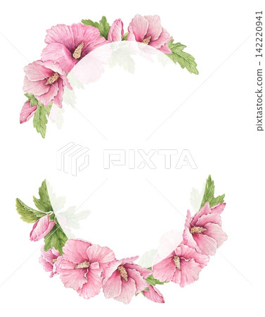 Watercolor oval hibiscus frame with pink flowers and green leaves forming an open border, an illustration for wedding invitations, greeting cards, stationery, menus and summer decor. Watercolor oval hibiscus frame with pink flowers and green leaves forming an open border, an illustration for wedding invitations, greeting cards, stationery, menus and summer decor. 142220941